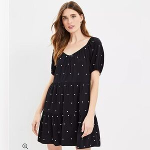 LOFT Puff Sleeve Embroidered Polka Dot Tiered Swing Dress Size‎ Medium